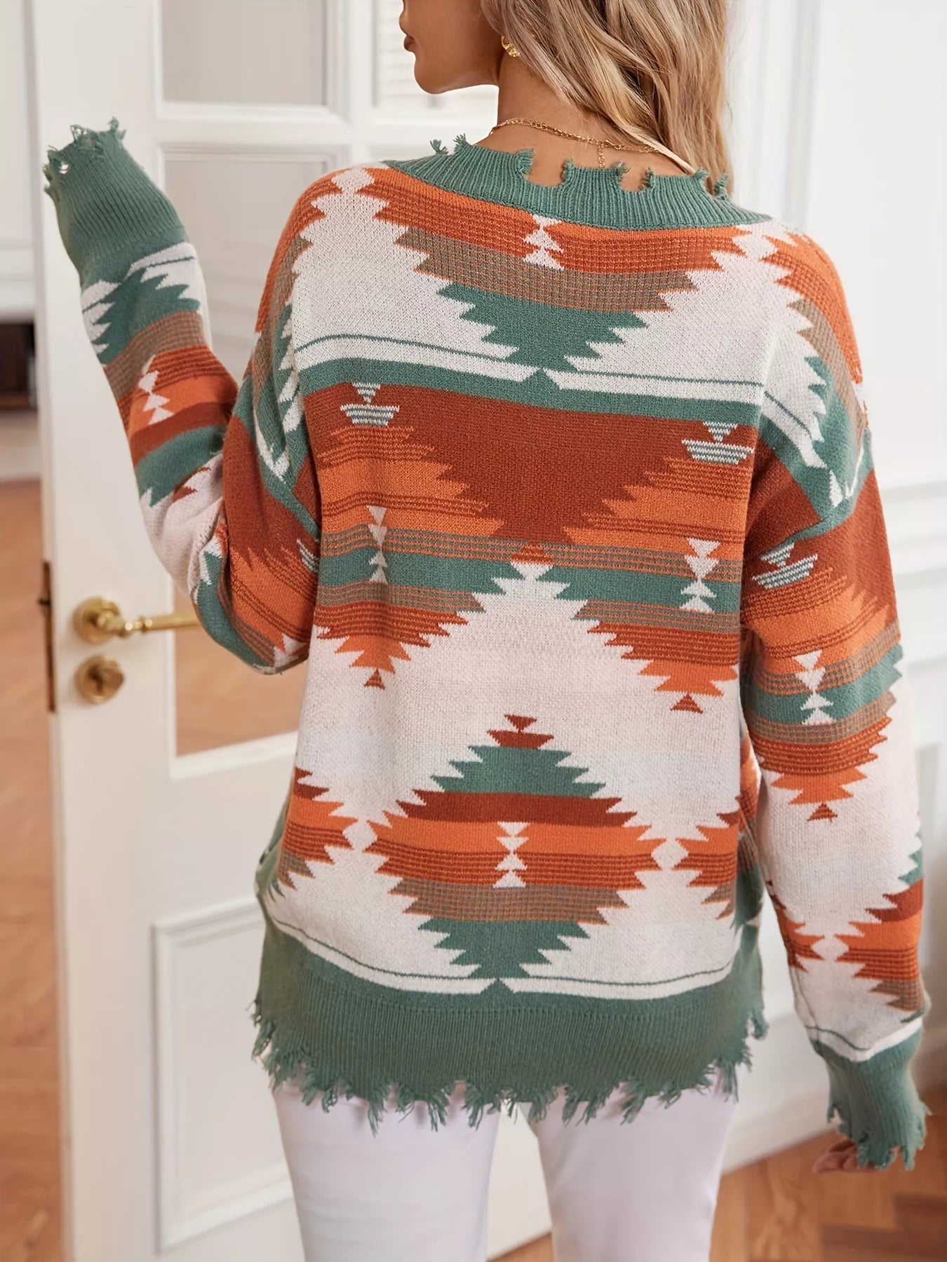 Geometric Frayed Hem V-Neck Long Sleeve Sweater OutfitFlow
