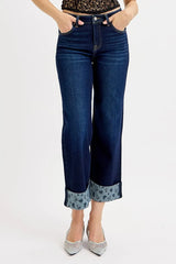 RISEN Full Size Mid Rise Fit Crop Wide With Printed Cuff Jeans Plus Size OutfitFlow