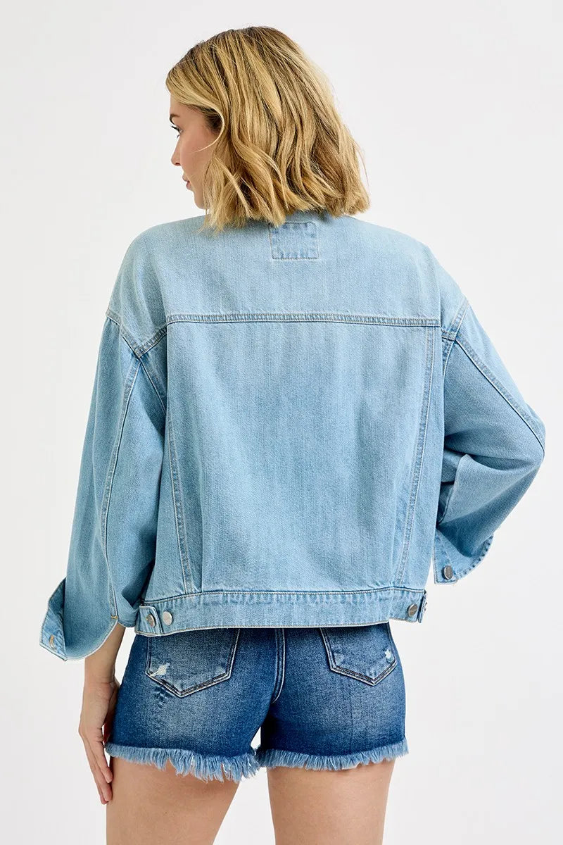 RISEN Washed Dropped Shoulder Denim Jacket OutfitFlow