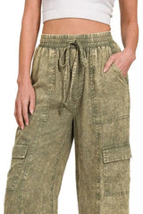 Zenana Washed Linen Elastic Band Waist Cargo Pants OutfitFlow