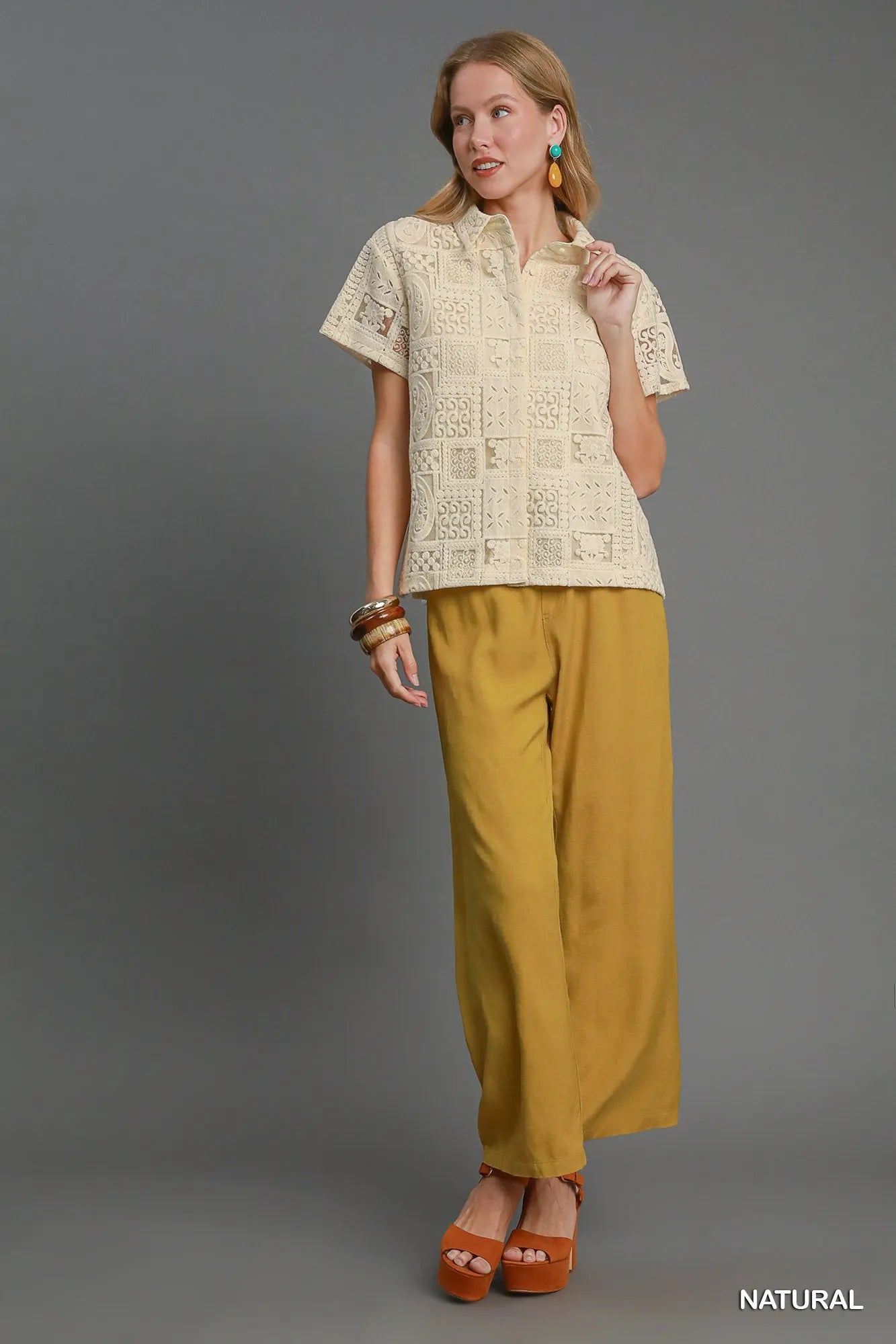 Umgee Patch Lace Short Sleeve Button Down Shirt Trendsi