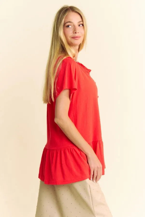Davi & Dani Solid Lace Trim Neck Short Sleeve Peplum Top OutfitFlow
