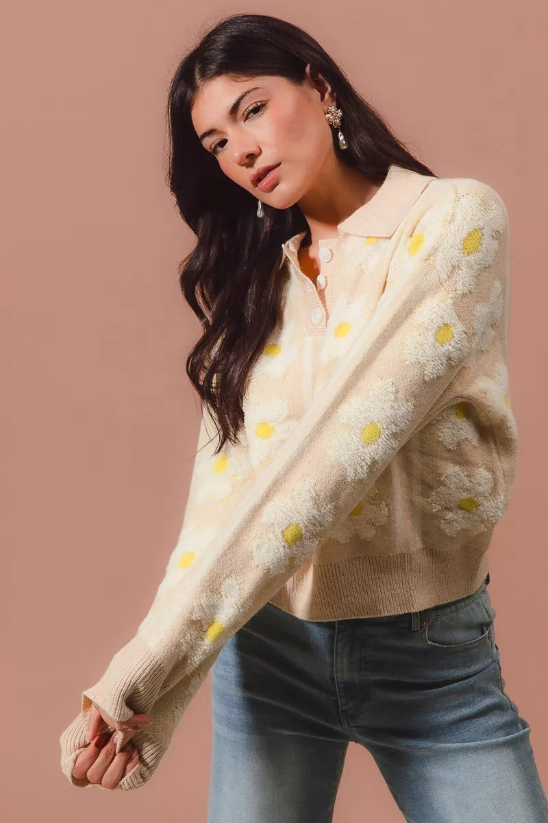 SO ME Floral Stripe Polo Collar Sweater OutfitFlow