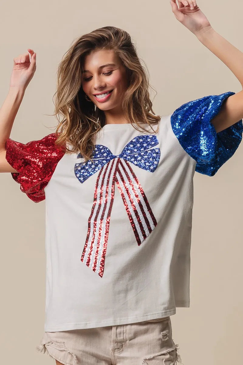 BiBi Sequin American Flag Bow Top OutfitFlow