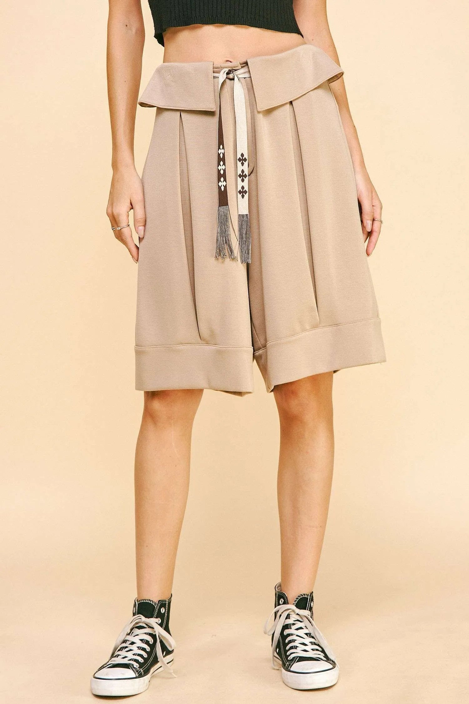 Davi & Dani Fold Over Waist Band Strap Detail Short OutfitFlow