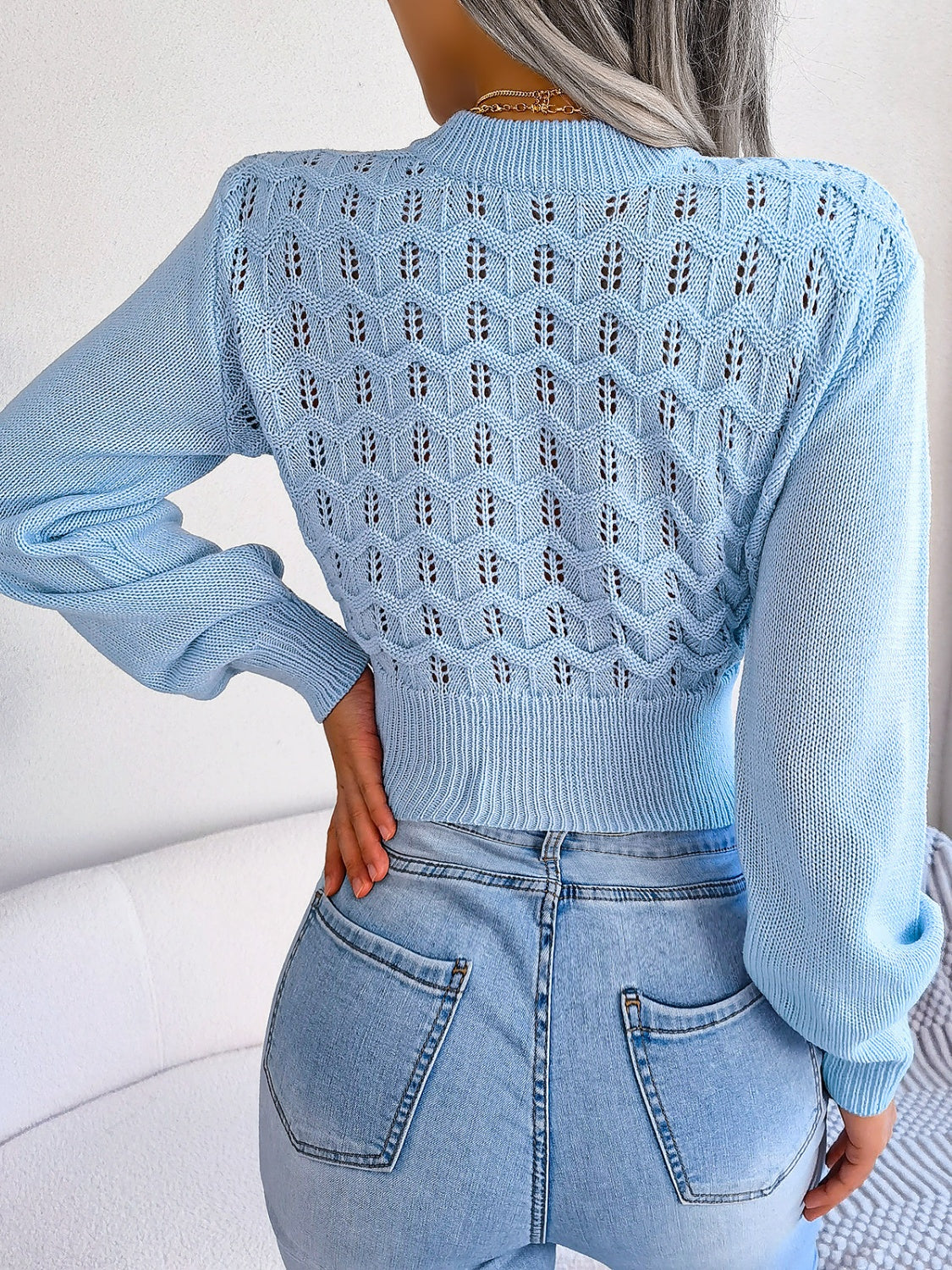 Outfit Flow - Openwork Mock Neck Long Sleeve Cropped Sweater