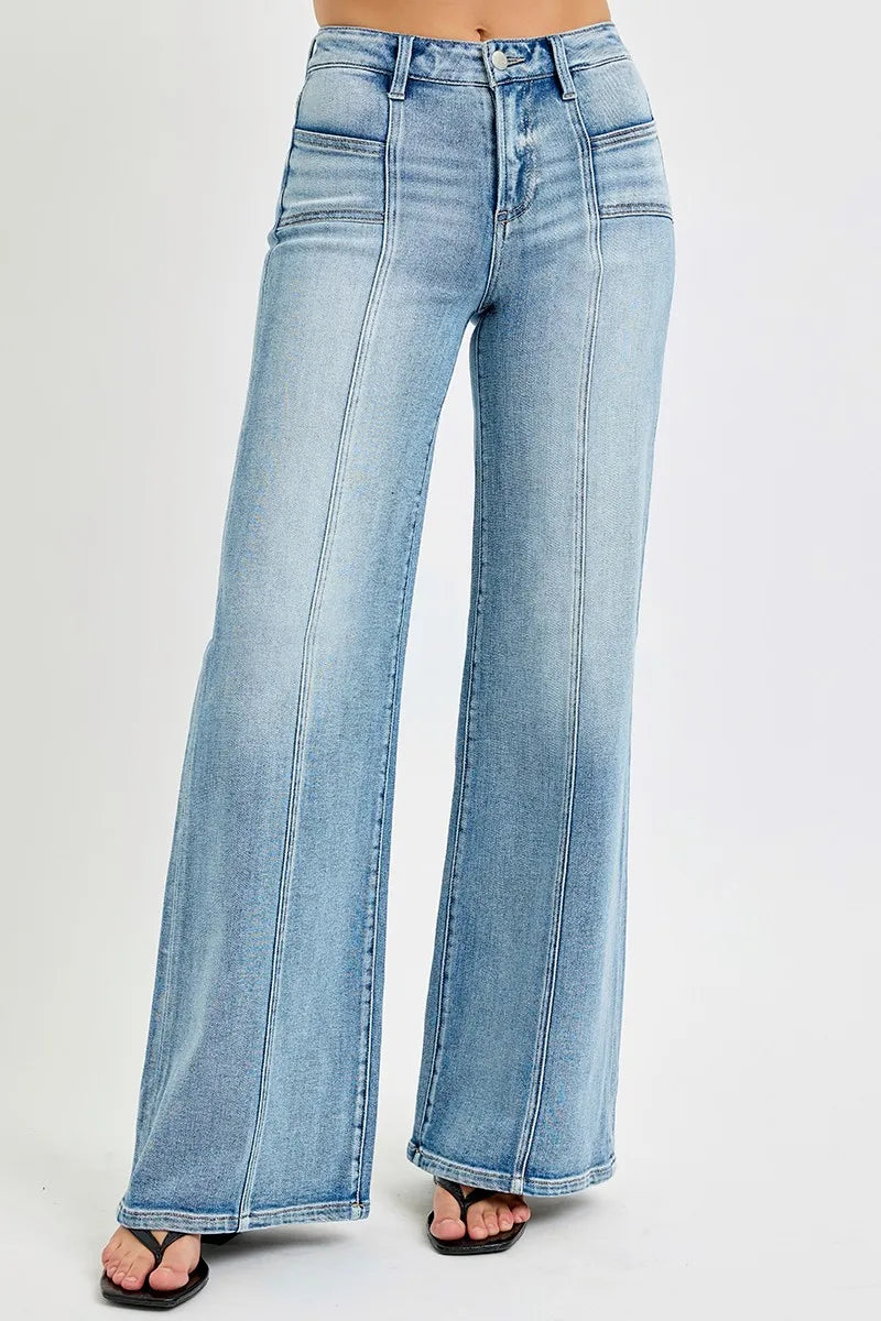 RISEN Full Size Mid Rise Wide Jeans with Front Patch Pocket Plus Size OutfitFlow