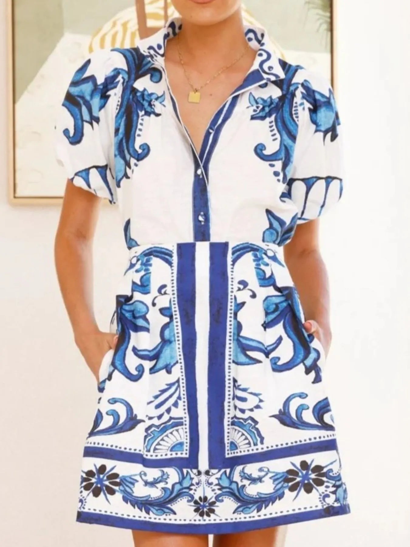 Puff Sleeve Printed Top and Zip Back Skirt Set OutfitFlow