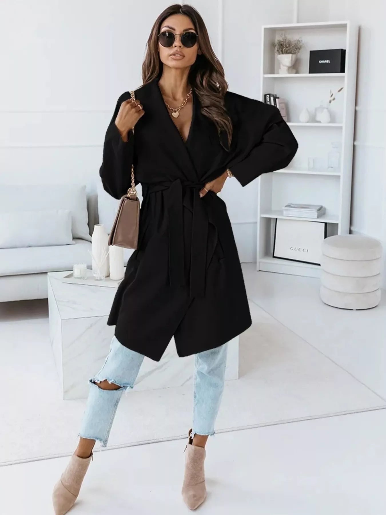 Tie Waist Long Sleeve Outerwear OutfitFlow