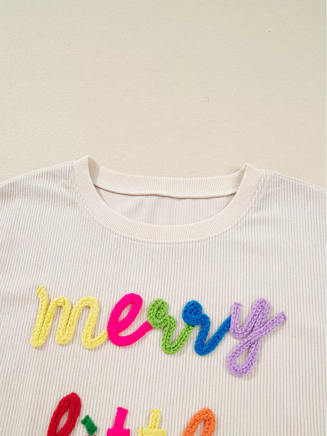 Merry Little Thing Corded Letter Graphic Ribbed Sweatshirt OutfitFlow