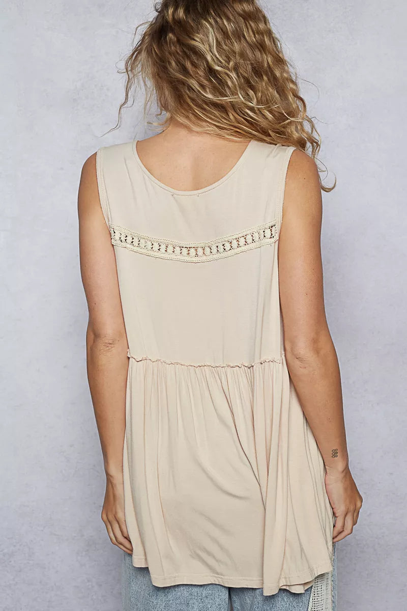 POL Lace Trim Babydoll Sleeveless Top with Ruffled and Raw Edge Detail OutfitFlow