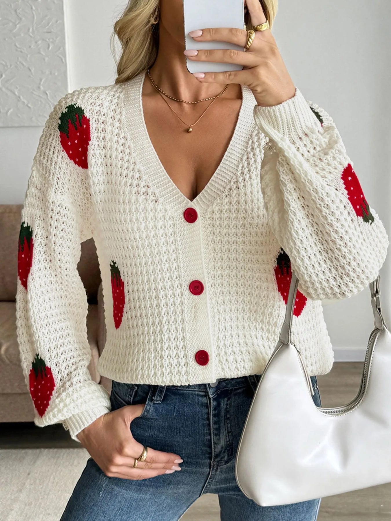 Strawberry Pattern V-Neck Button-Up Cardigan OutfitFlow