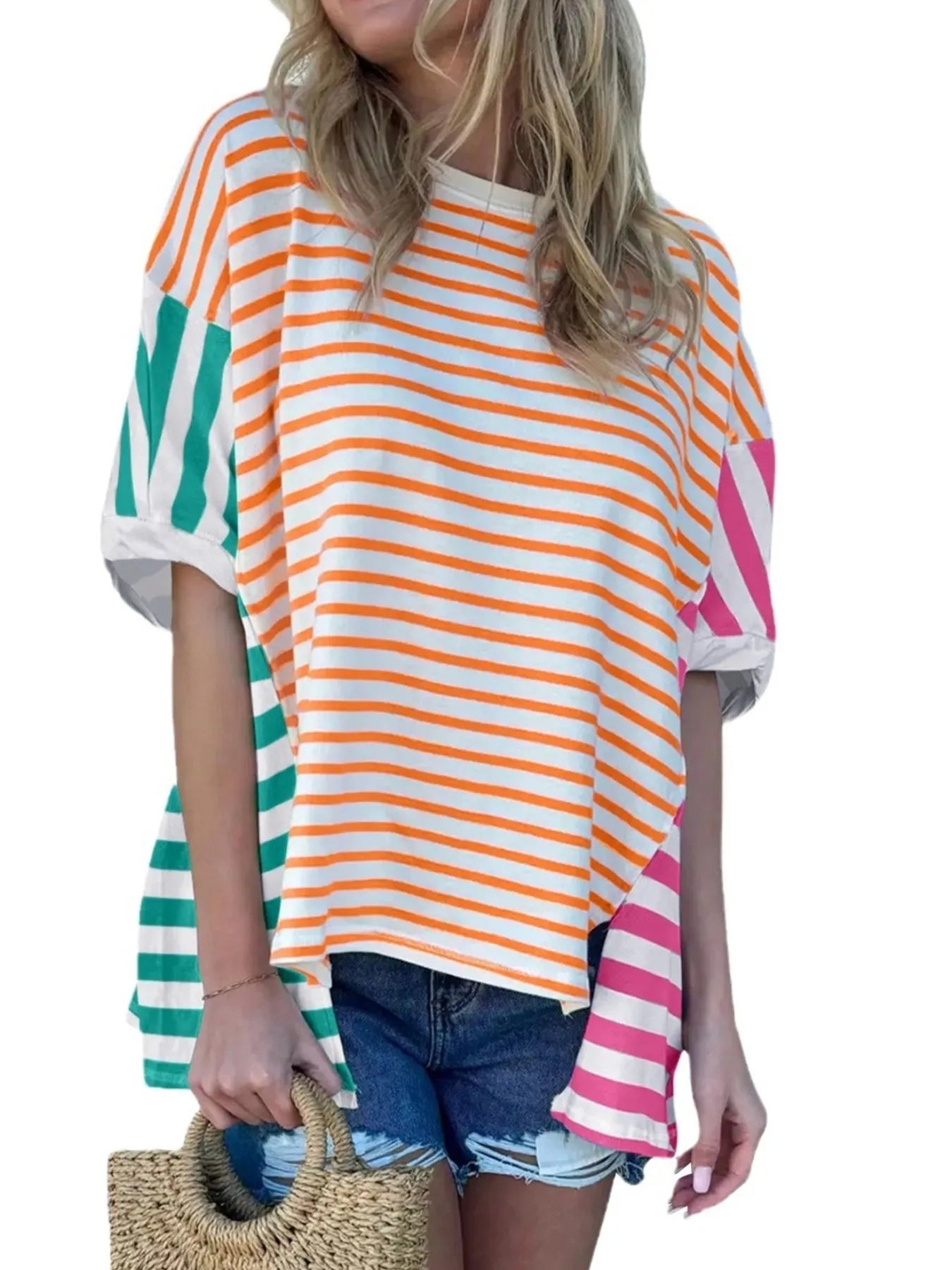Colorful Striped Oversized T-Shirt Orange OutfitFlow