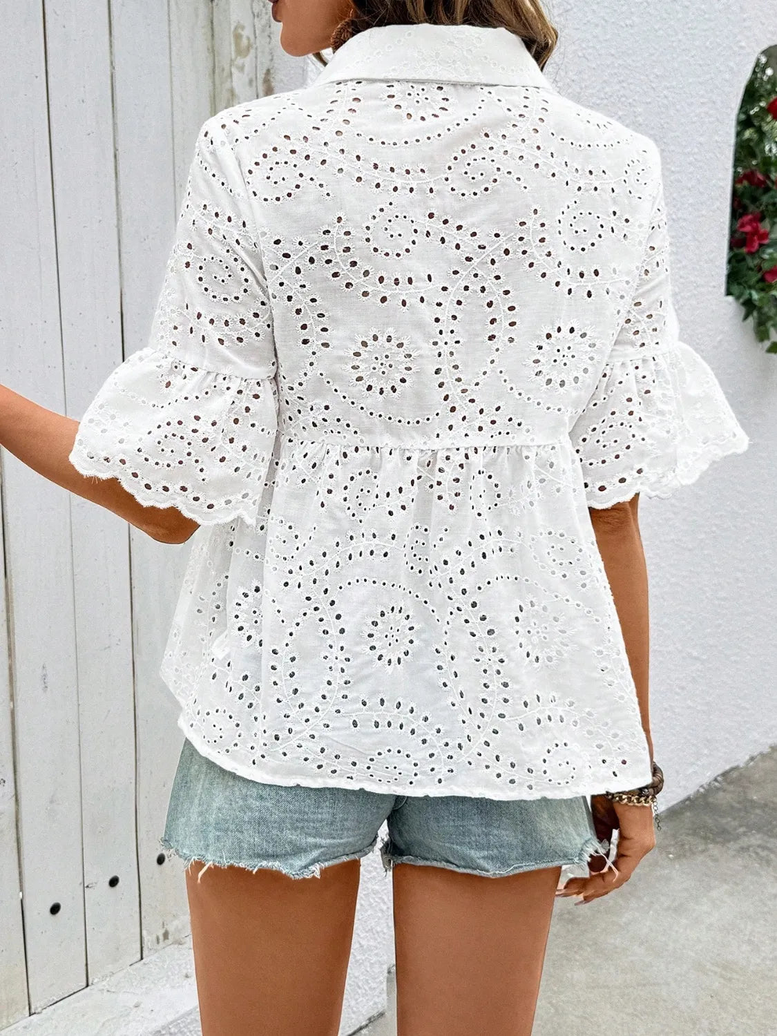 Eyelet Solid Collared Neck Half Sleeve Shirt OutfitFlow