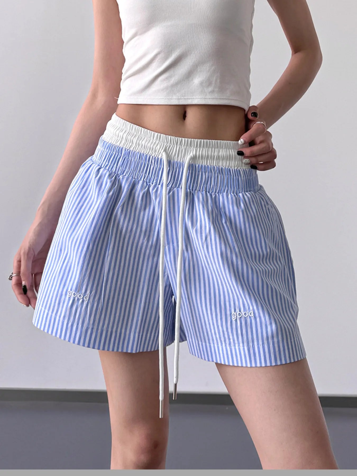 Striped Drawstring Waist Casual Shorts OutfitFlow