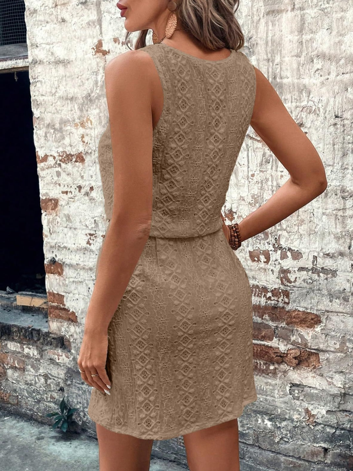Eyelet Drawstring Round Neck Sleeveless Dress OutfitFlow