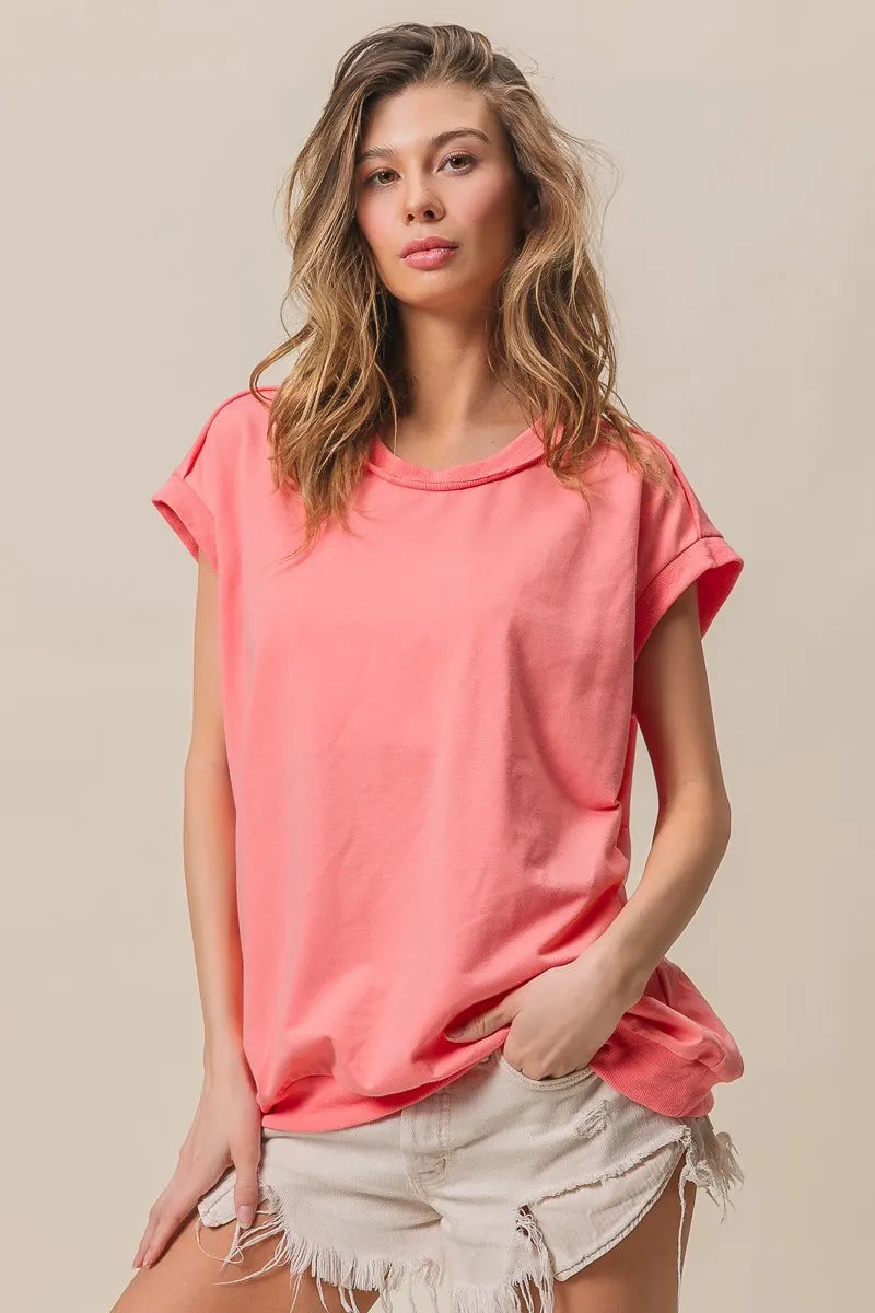BiBi French Terry Drop Shoulder Basic Top OutfitFlow