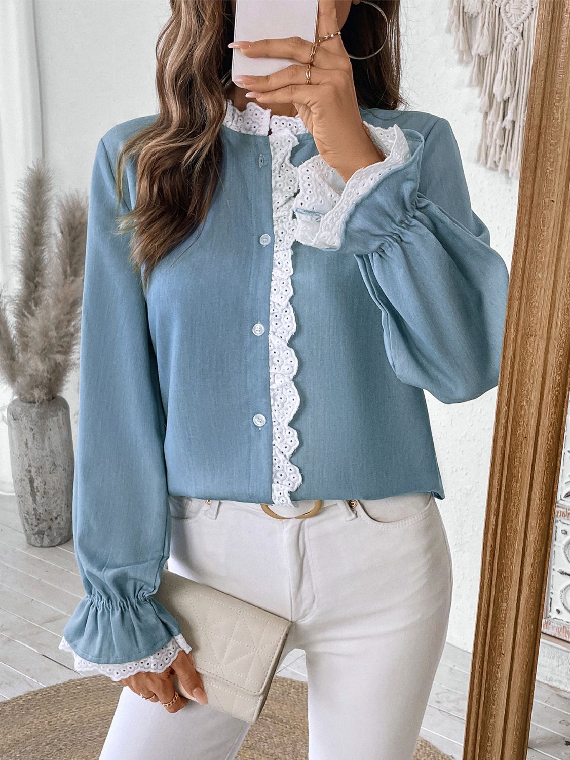 Perfee Lace Detail Button Down Long Sleeve Shirt