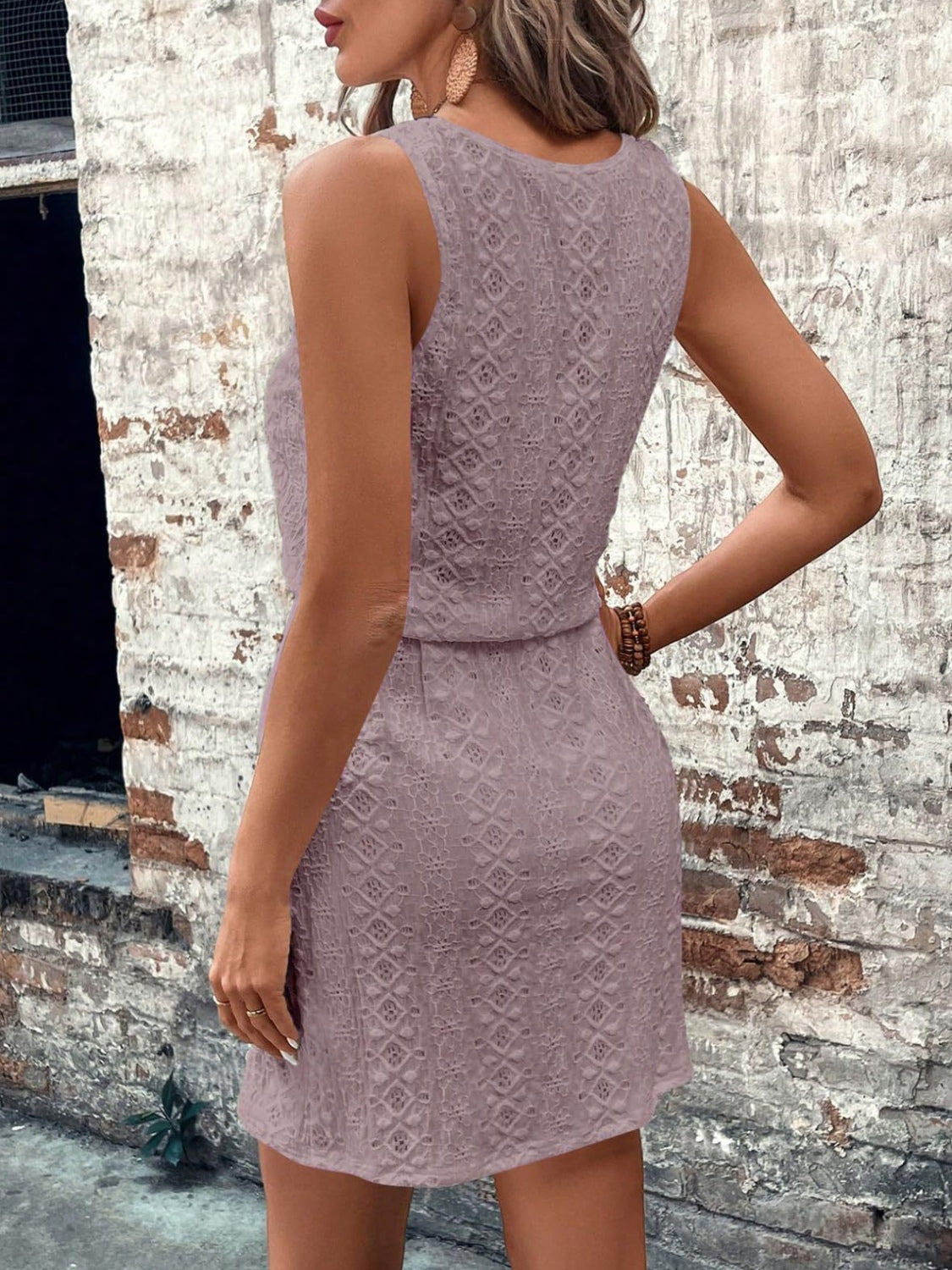 Eyelet Drawstring Round Neck Sleeveless Dress OutfitFlow