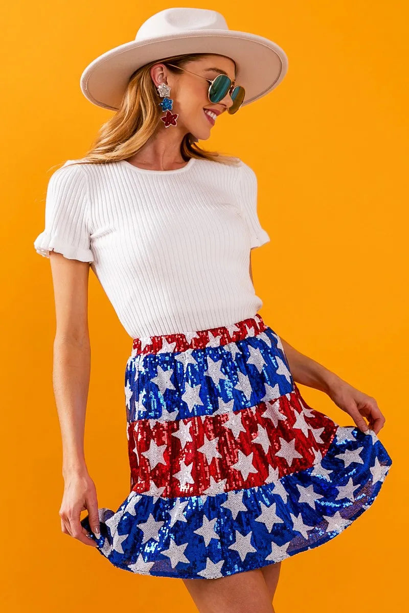 BiBi American Flag Theme Star Sequin Tiered Skirt OutfitFlow