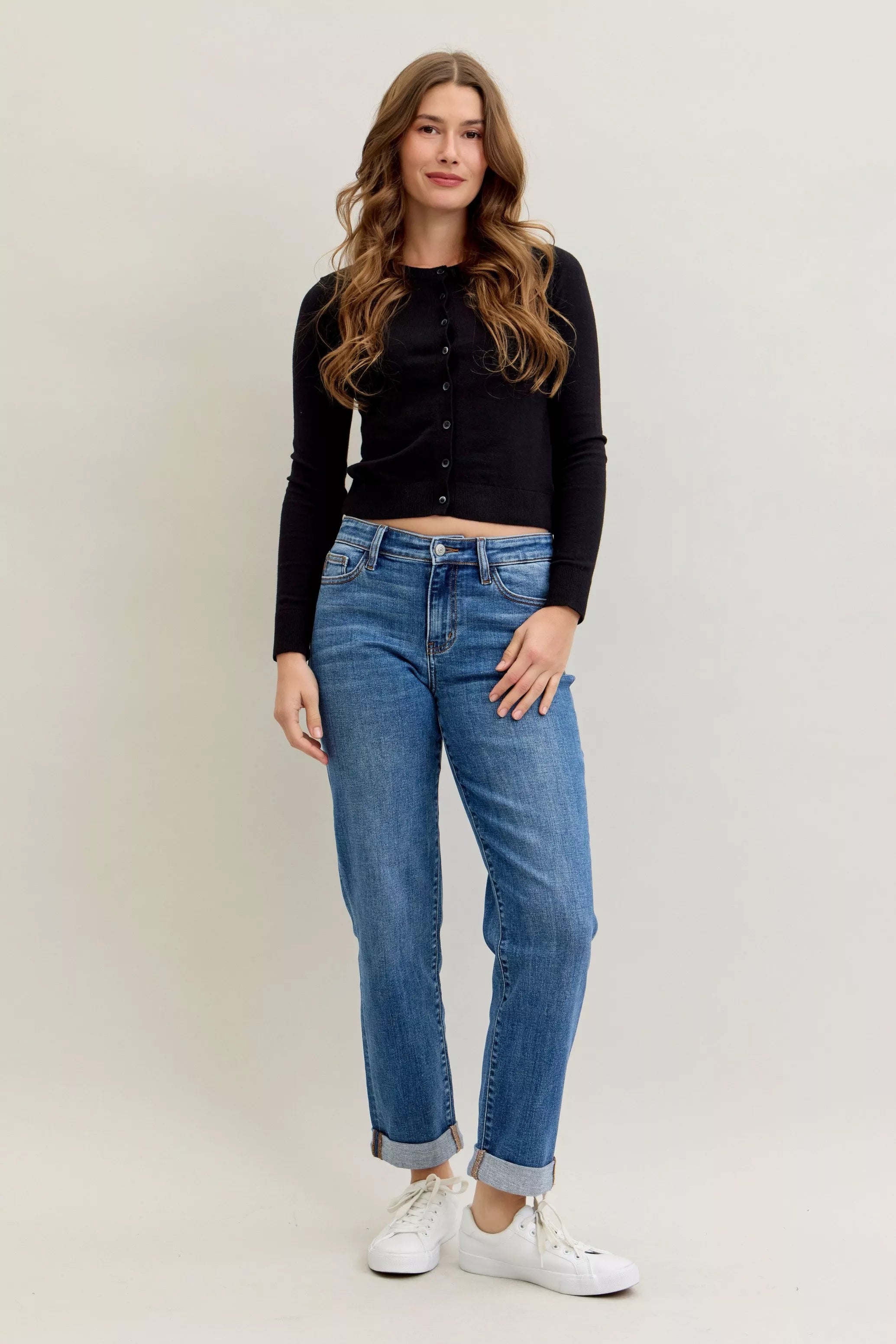 Judy Blue Full Size Mid Rise BF Classic Cuffed Jeans Plus Size OutfitFlow