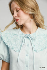 Umgee Tied Collared Short Sleeve Button Down Shirt Trendsi