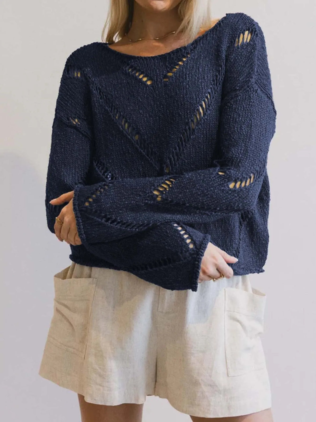 Openwork Boat Neck Long Sleeve Sweater Dark Navy OutfitFlow