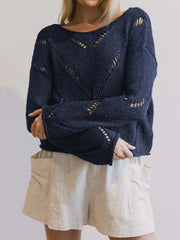 Openwork Boat Neck Long Sleeve Sweater Dark Navy OutfitFlow
