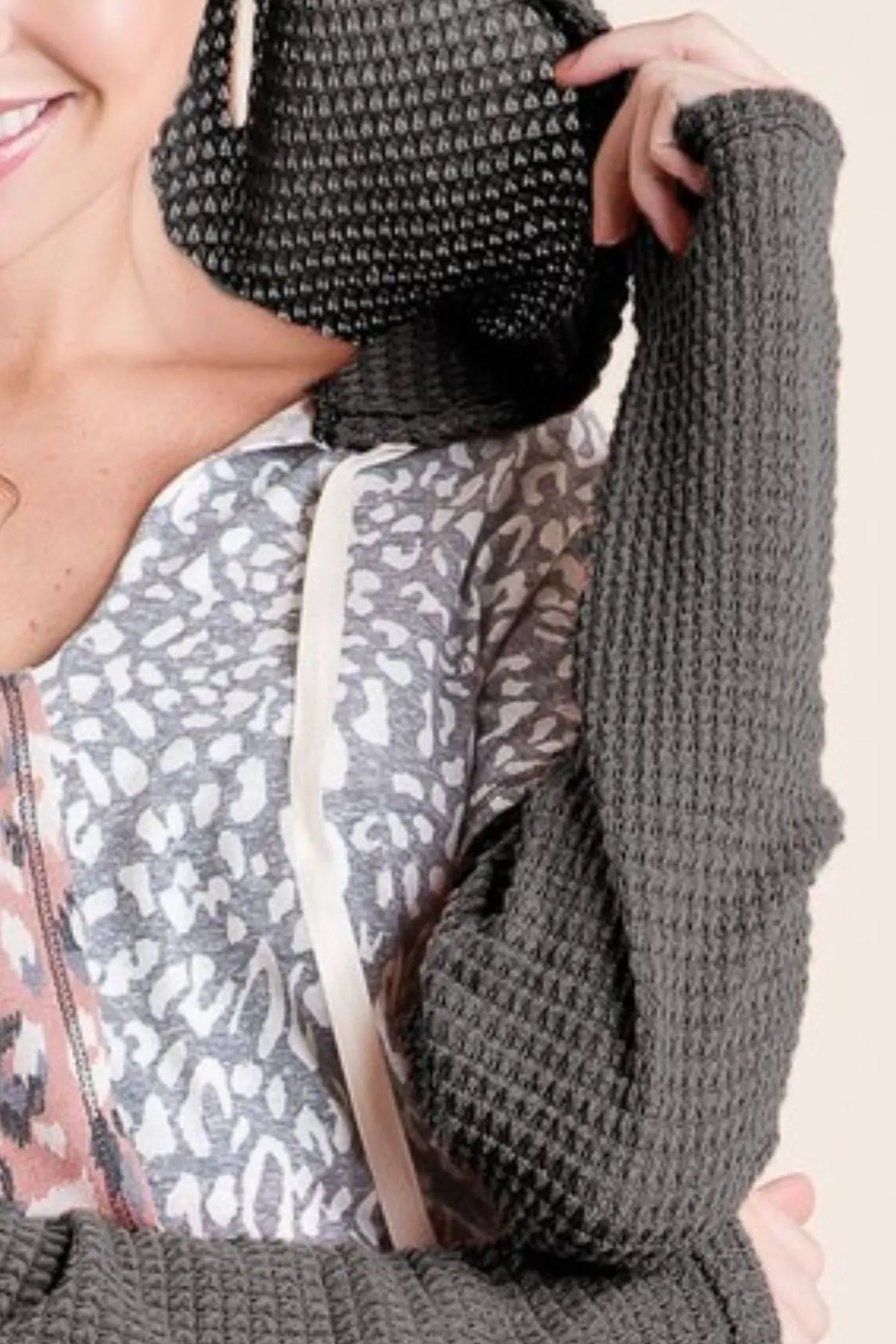 BiBi Popcorn Waffle Knit Hoodie With Print Block Front OutfitFlow