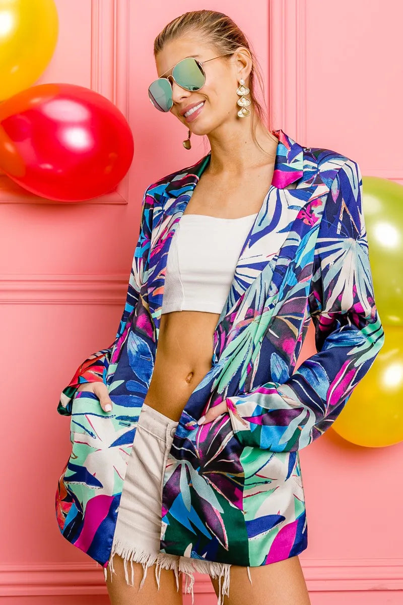 BiBi Thin Satin Tropical Single Blazer OutfitFlow