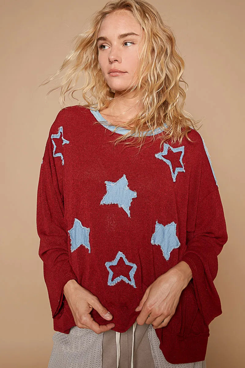 POL Exposed Seam Relaxed Fit Sweater with Star Denim Patch Trendsi