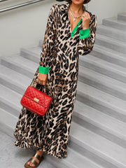 Leopard Print Long Sleeve Shirt Dress with Contrast Trim OutfitFlow