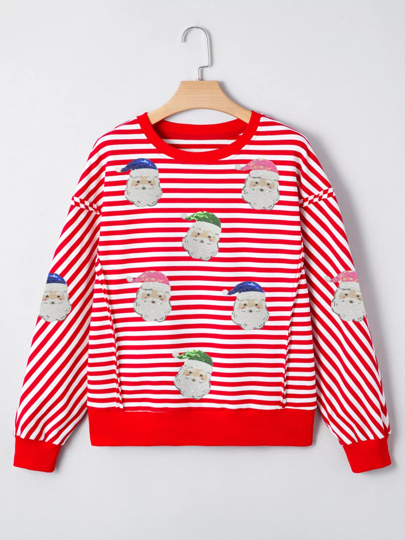 Stripe Sequin Santa Round Neck Raw Seam Detail Christmas Long Sleeve Top OutfitFlow