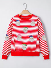 Stripe Sequin Santa Round Neck Raw Seam Detail Christmas Long Sleeve Top OutfitFlow