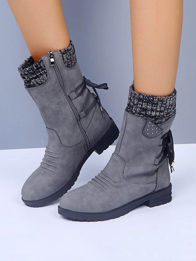 Outfit Flow - Lace-Up Low Heel Boots with Side Zip