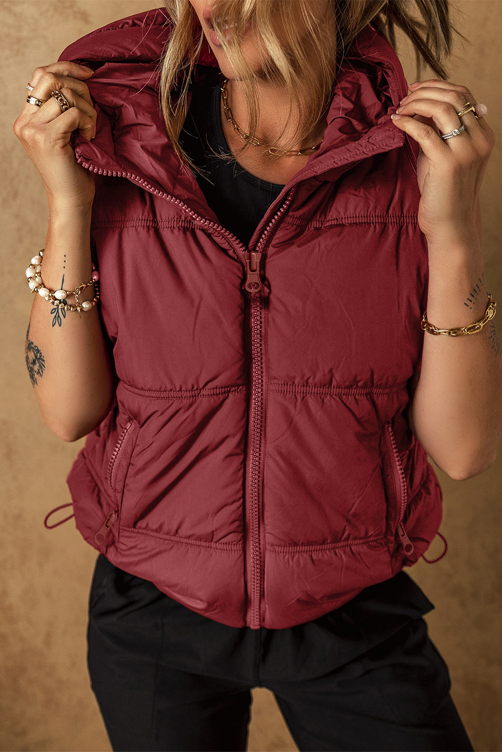 Outfit Flow - Drawstring Zip Up Hooded Vest Coat