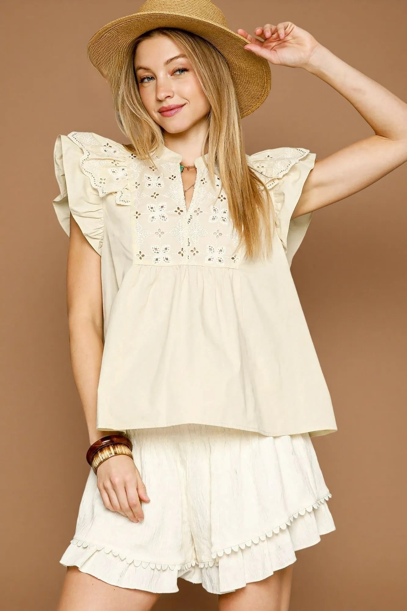 Umgee Eyelet Embroidered Ruffle Sleeve Blouse OutfitFlow