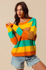 SO ME Multi Color Stripe Sweater with Ribbed Detail OutfitFlow