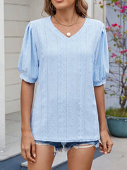 Puff Sleeve V-Neck Eyelet Lace T-Shirt OutfitFlow