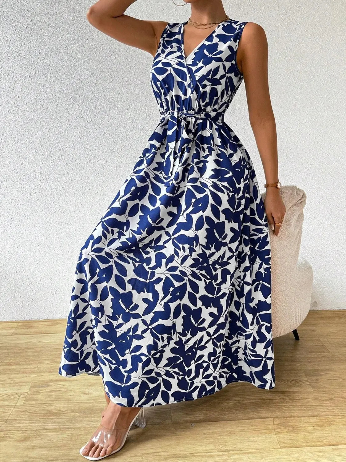 Printed Surplice Sleeveless Maxi Dress OutfitFlow