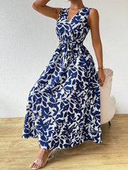 Printed Surplice Sleeveless Maxi Dress OutfitFlow