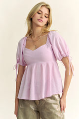 Davi & Dani Solid Elastic Peplum Puffed Sleeves Blouse OutfitFlow