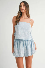 MABLE Embroidered Crop Cami and Balloon Mini Skirt Set OutfitFlow