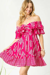 Umgee Off-Shoulder Paisley Print Ruffled Mini Dress Hot Pink OutfitFlow