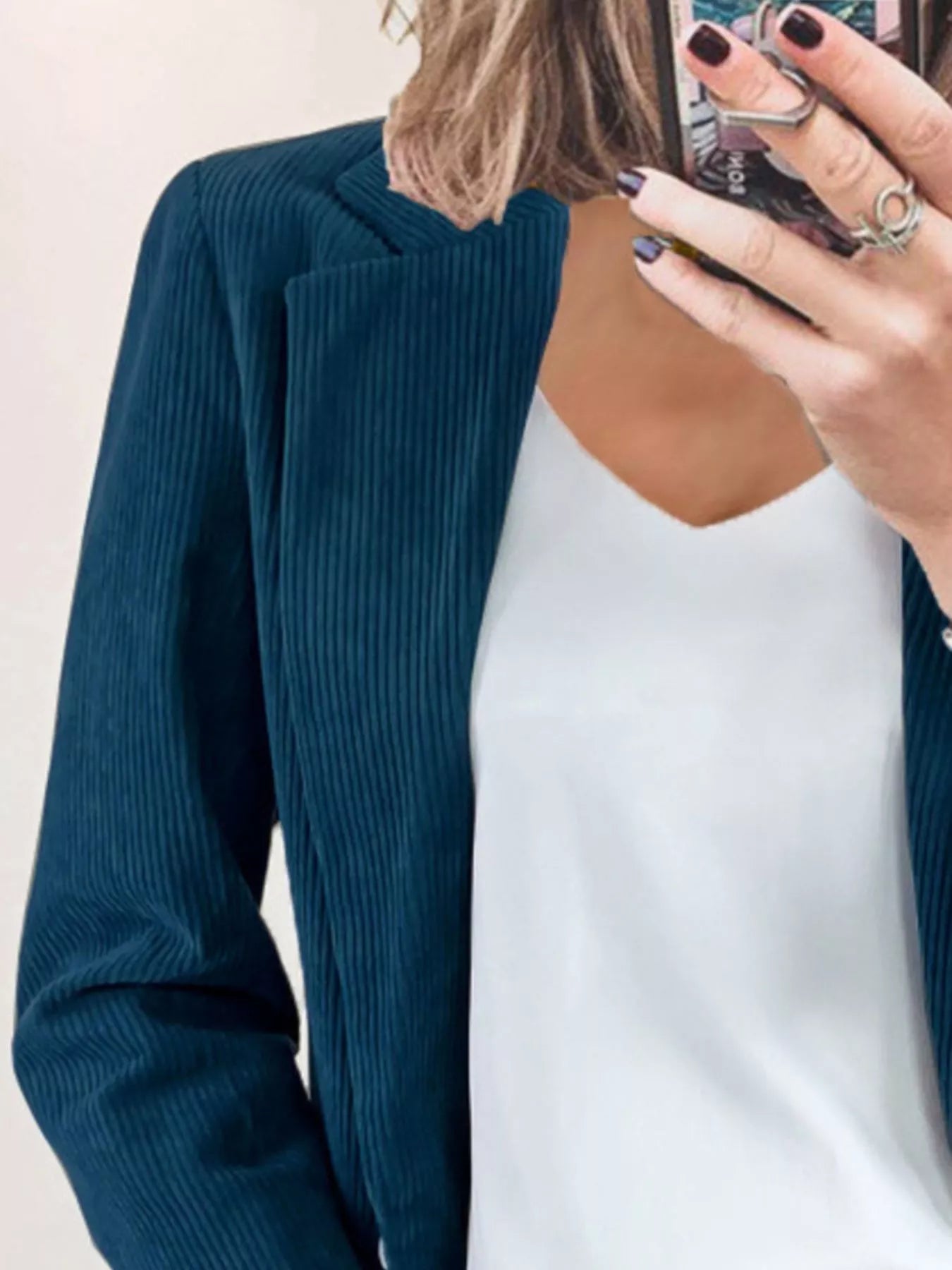 Full Size Corduroy Lapel Collar Casual Blazer Plus Size Dark Green Trendsi