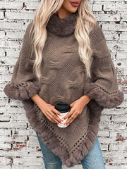 Outfit Flow - Fuzzy Hem Cable-Knit Poncho