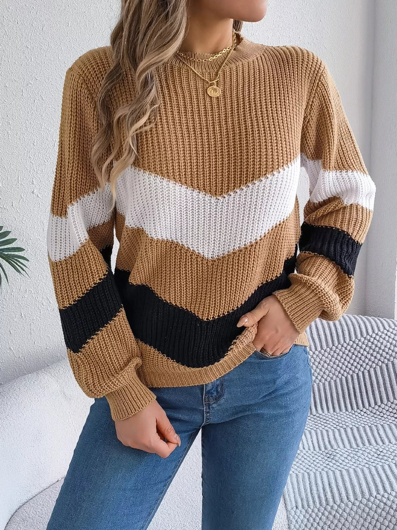 Chevron Stripe Color Block Round Neck Sweater OutfitFlow
