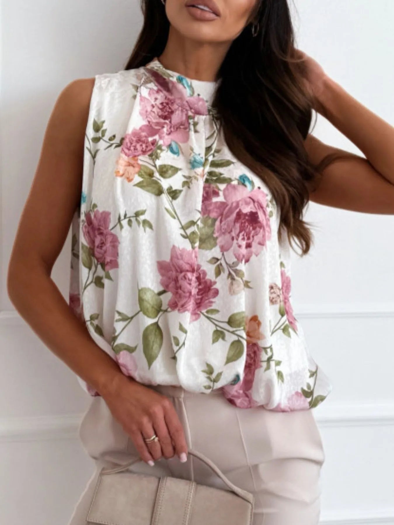Floral Mock Neck Sleeveless Blouse Pink OutfitFlow