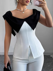Slit Contrast Cap Sleeve Blouse OutfitFlow