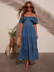 Off Shoulder Ruffle Tiered Denim Dress OutfitFlow